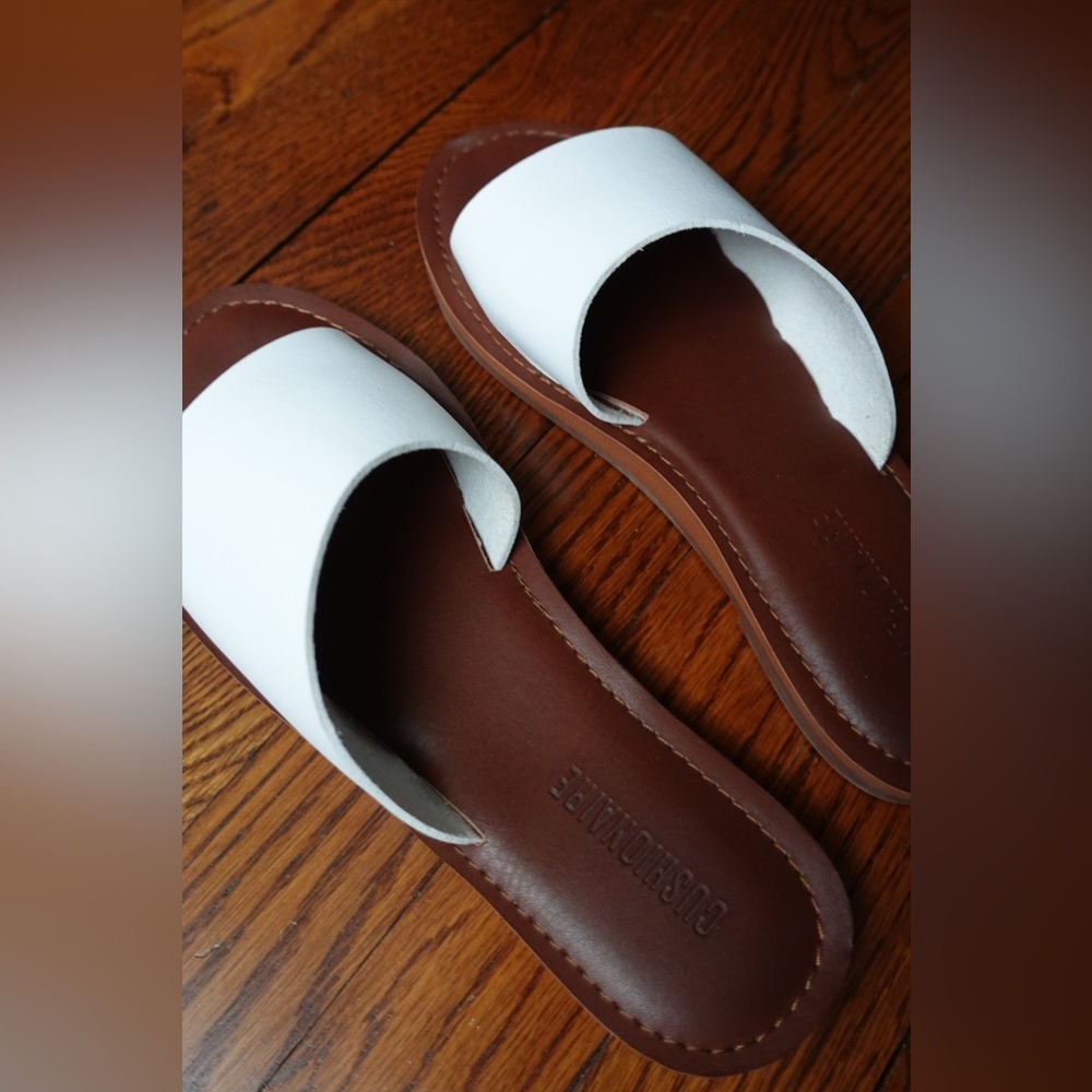 White and Brown Slide Sandals